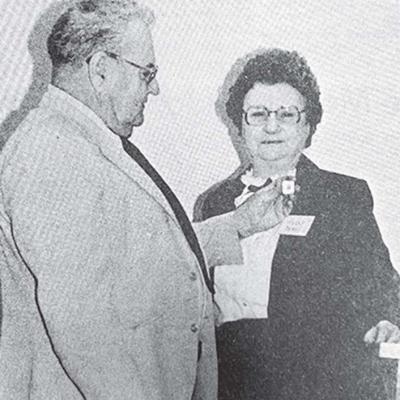 Beryl Kelley, right, is shown receiving the travelling president’s pin as the new leader of the local chapter of the American Association of Retired Persons. Shown presenting her the pin is immediate past president Bill Kelley. 40 YEARS AGO