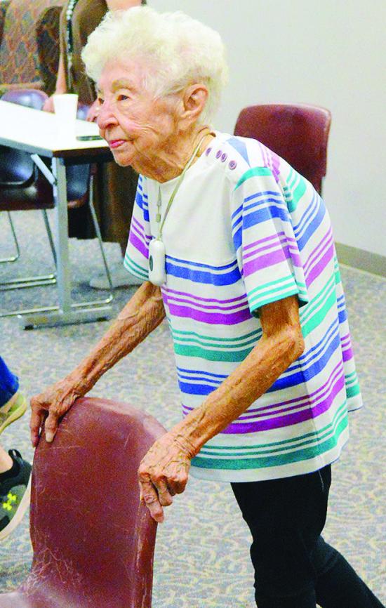 Betty Madison flexes her hip muscles during the low-impact exercise class Thursday at Clinton Regional Hospital. CDN | Christian Jacobsen Betty Madison flexes her hip muscles during the low-impact exercise class Thursday at Clinton Regional Hospital. CDN | Christian Jacobsen