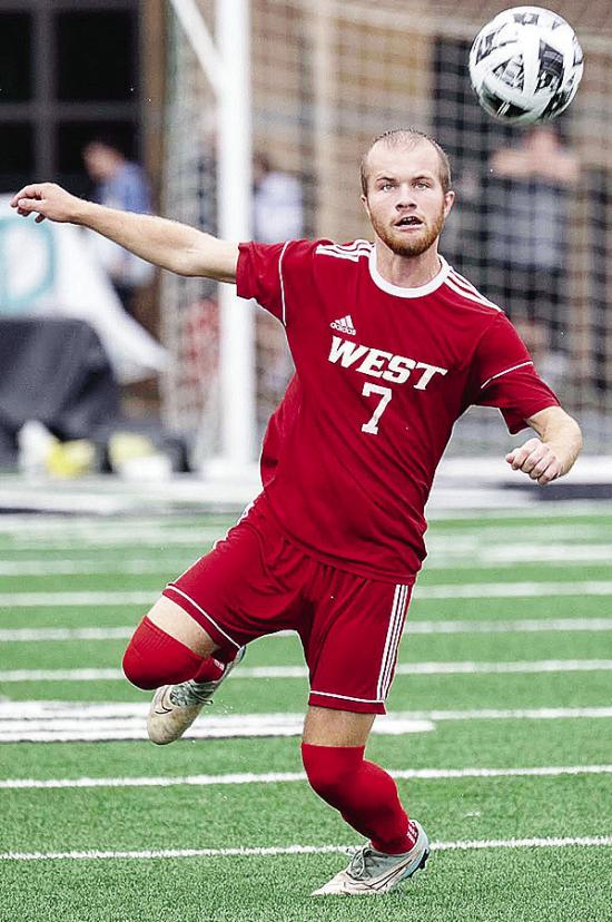 Corn Bible Academy’s Jaden Zeller keeps his eye on the ball as he goes after it during the All-State Soccer game at Taft Stadium in Oklahoma City. CDN | Courtesy photo