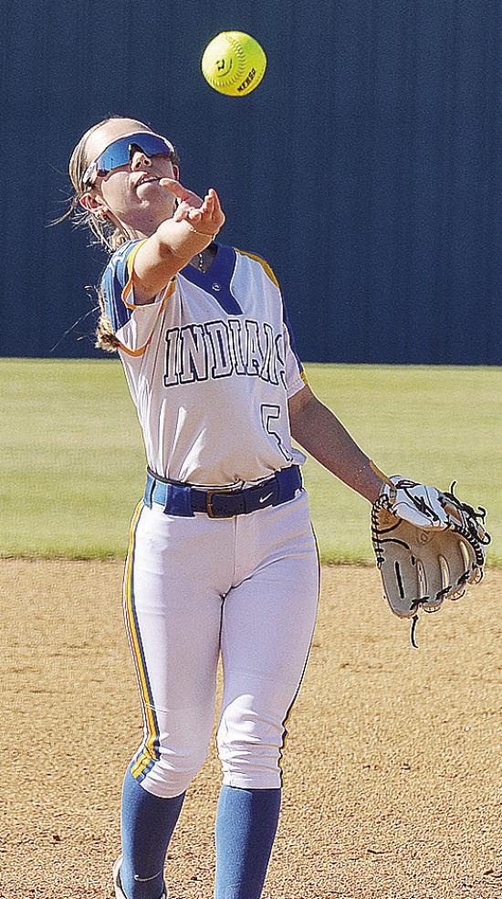 A-B’s Reagan Schoeppach pitches during the Lady Indians’ district playoff game against Leedey last spring. CDN | Sam Goodwyn