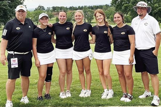 The Clinton Lady Reds golf team comes together following its performance in the recent Class 4A State Tournament at Dornick Hills Country Club. Pictured, from left, are Coach Brent Caldwell, Emma Ray, Paige Pugh, Jocelyn King, Bella Bridgeman, Tatum Fansh
