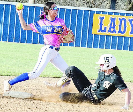 Arapaho-Butler’s Madi Lockhart tags the base before the runner arrives and hurls the ball to first for the double play during the Lady Indians’ win over Seiling. CDN | Sam Goodwyn