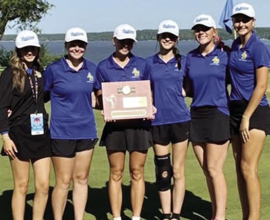 The Arapaho-Butler Lady Indians recently won the regional championship at The Coves in Afton to qualify for the Class 2A State Tournament. From left are Assistant Coach Lilly Roush, Malley Baker, eighth place (104); Elisa Vels, second place (85); Tinley M