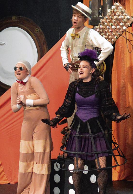 From left, front, Hannah Gregory as Earthworm and Lily Adkinson as Spider. Back is Easton Byrd as Centipede in the play “James and the Giant Peach Jr.” at Southwest Playhouse. CDN | Christian Jacobsen