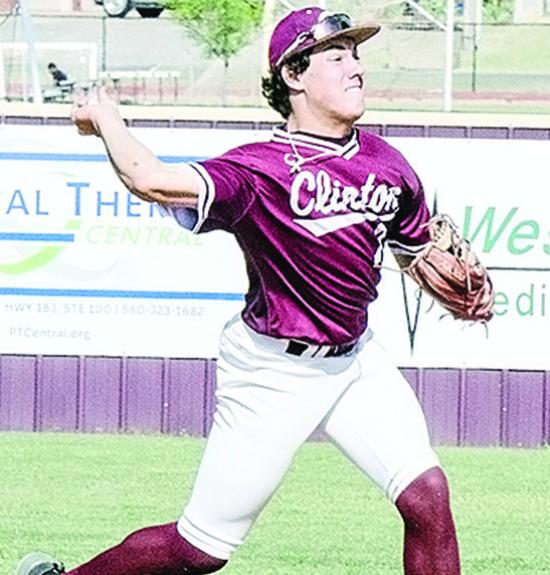 Clinton’s Easten Powell hurls the ball to first for the out during the Reds’ home game Tuesday against Weatherford. CDN | Sam Goodwyn