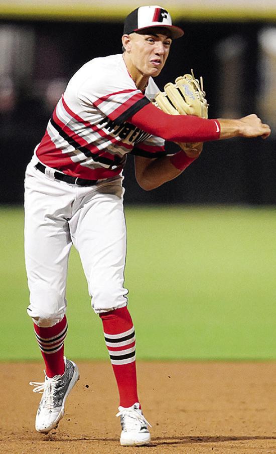 Caden Powell hurls the ball for the out during a game for the Fayetteville Woodpeckers