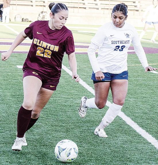 Clinton’s Aaliyah Lopez outruns a Southeast defender as she takes the ball downfield toward the goal during the Lady Reds’ win Thursday over the Lady Spartans at home. CDN | Sam Goodwyn