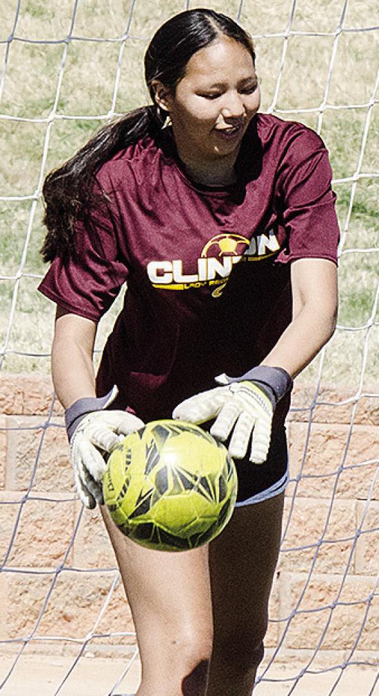 Clinton’s Ella Redshin blocks the ball from going in the goal during a recent practice at the Tornado Bowl. CDN | Sam Goodwyn