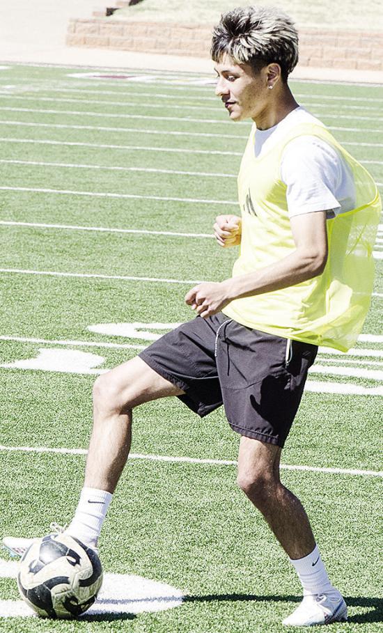 Clinton’s Brandon Rodriguez-Esclalante controls the ball in a drill during soccer practice at the Tornado Bowl. CDN | Sam Goodwyn