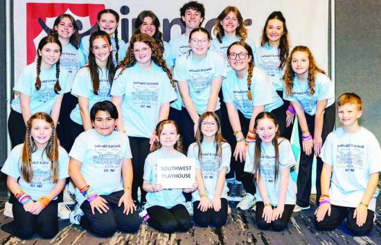 Taking part in the trip to Sacramento, Calif., was this group of young performers from Southwest Playhouse. Pictured front, from left, are Tinley Chase, Christian Hensley, Maddie Basler, Ainsley House, Izzy Taylor, Jude Hemmingway; middle, Mayzie Sadler, 