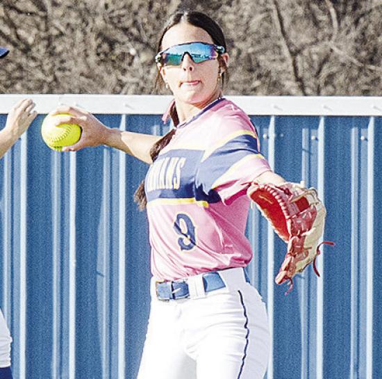 Arapaho-Butler’s Madi Lockhart throws the ball back to the pitcher during the Lady Indians’ win over Seiling. CDN | Sam Goodwyn