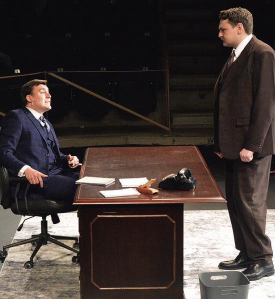 Tony Wendice (Wesley Javorsky” antagonizes Jacob Staggs’ character in “Dial M for Murder” at Southwest Playhouse. Look at Staggs’ clenched fist. CDN | Christian Jacobsen