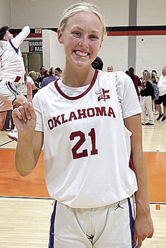 Corn Bible Academy’s Gretta Geisler shows how happy she is after competiting in the basketball game part of the Battle of the Border between Oklahoma and Texas in Burkburnett, Texas CDN | Courtesy photo Corn Bible Academy’s Gretta Geisler shows how happy she is after competiting in the basketball game part of the Battle of the Border between Oklahoma and Texas in Burkburnett, Texas CDN | Courtesy photo