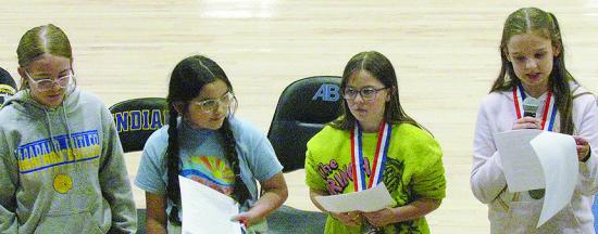 Arapaho-Butler Schools recently hosted its fifth- and sixth-grade D.A.R.E. graduation. Shown are the winners of the essay portion of the training as they read them to the rest of the class. From left are sixth-graders Emory Richardson, and Kori Jackson, a