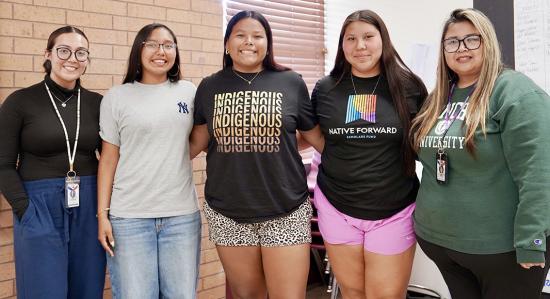 Three Clinton High School students were accepted into the Native Youth Community Project intern program. From left are Quinn Elkshoulder, NYCP coordinator; Arianna Spottedwolf; Aracelie Chavez; Marley Gamboa; and Jamie Rishel, NYCP college support adviser