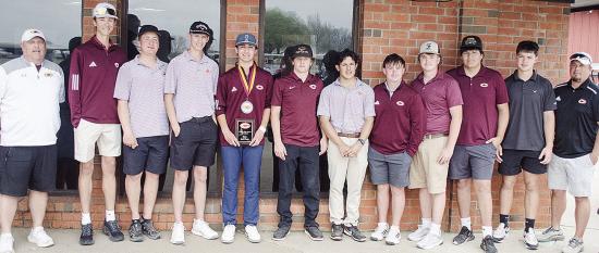 The Clinton boys’ golf team smiles after finishing the high school tournament Wednesday at Riverside Golf Course. Pictured, from left, are Coach Brent Caldwell, Conner Meget, Caber Johnson, Landyn Kunsman, Scout Acosta, Sy Foster, Sutton Hernandez, Rayd