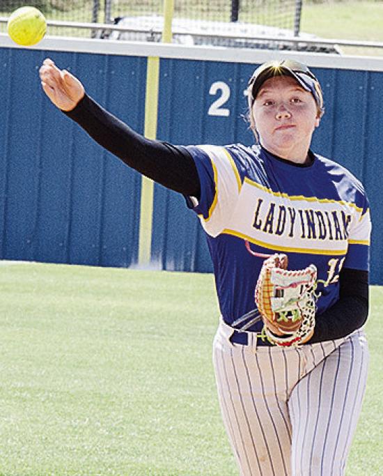 Arapaho-Butler’s Lauryn McHenry hurls the ball to first for the out during the Class 3A Spring Regional Tournament. CDN | Sam Goodwyn