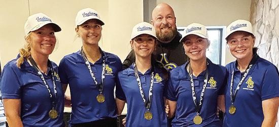 The Arapaho-Butler girls’ golf team finished third in the Class 2A Golf Tournament last week at the Muskogee Golf Club. Pictured, from left, are Brinkley Southall, Keely Baker, Tinley Moore, Coach Jay Edelen, Elisa Vels and Malley Baker. CDN | Courtesy 
