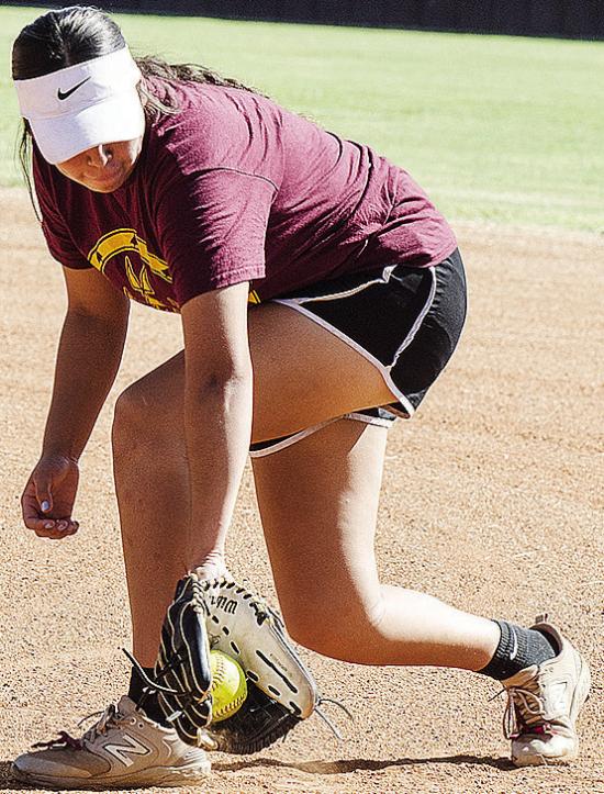 Clinton’s Jaeda Blackeagle fields the ball during preseason practice Tuesday at the softball field at the high school. CDN | Sam Goodwyn Clinton’s Jaeda Blackeagle fields the ball during preseason practice Tuesday at the softball field at the high school. CDN | Sam Goodwyn