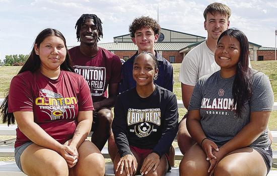 The state qualifers for Clinton’s track and field team come together for a group photo as they prepare to compete at state this weekend. Pictured front, from left, are Marley Gamboa, Peyton Clonce and Aracelie Chavez; back, Atticus Thompson, Bentlee Her