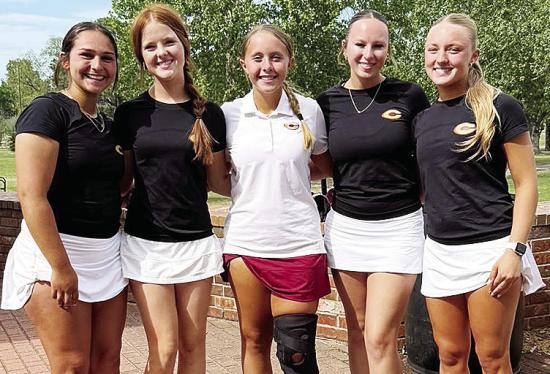 Clinton’s girls’ golf team smiles after finishing as runner-up at the Class 4A Regional Tournament recently at the Jimmie Austin Golf Course in Seminole. Pictured, from left, are Tatum Fanshier, Bella Bridgeman, Emma Ray, Paige Pugh and Jocelyn King. 