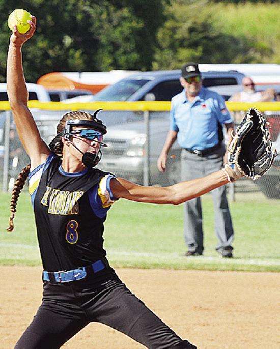 Piper Sawatzky pitches during Arapaho-Butler’s game against Merrit. CDN | Sam Goodwyn