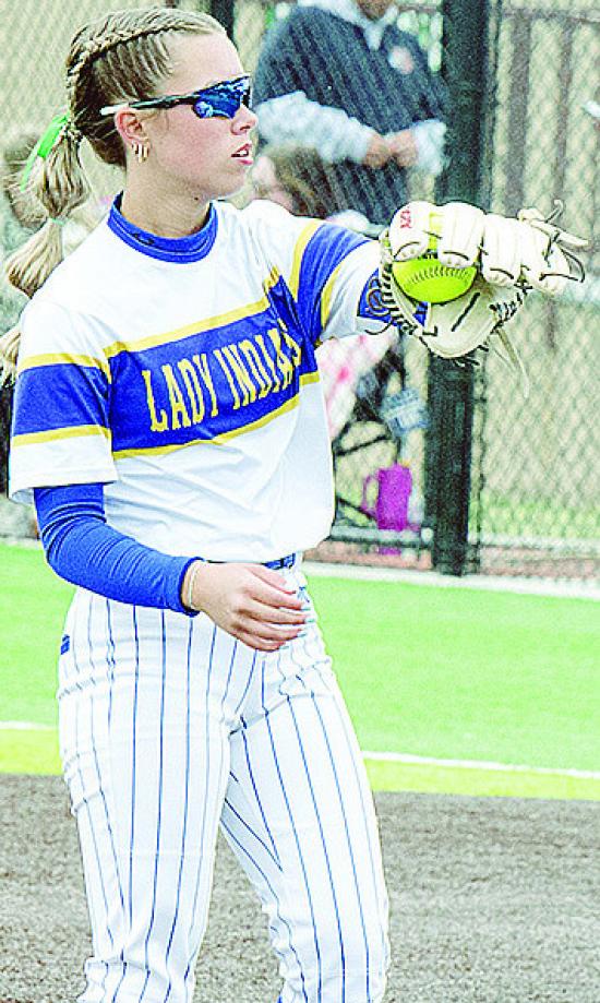 Arapaho-Butler’s Reagan Schoeppach catches the ball during the Lady Indians’ win over Caddo in the Class 3A Slow-Pitch State Championship in Shawnee. CDN | Sam Goodwyn