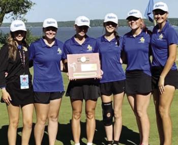 The Arapaho-Butler Lady Indians recently won the regional championship at The Coves in Afton to qualify for the Class 2A State Tournament. From left are Assistant Coach Lilly Roush, Malley Baker, eighth place (104); Elisa Vels, second place (85); Tinley M