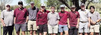 The Clinton Boys’ golf team smiles after competing at the All-Conference Tournament Thursday in Weatherford. Pictured, from left, are Coach Brent Caldwell, Andre Lime, Landyn Kunsman, Bryson Snider, Rayden Walker, Scout Acosta, Sy Foster, Caber Johnson 