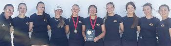 The Clinton Lady Reds golf team is all smiles after finishing second at the Weatherford Golf Tournament at Prairie West Golf Club Thursday. Pictured, from left, is Coach Tasha Marshall, Quinn Moore, Paige Pugh, Emma Ray, Jocelyn King, Tatum Fanshier, Stel