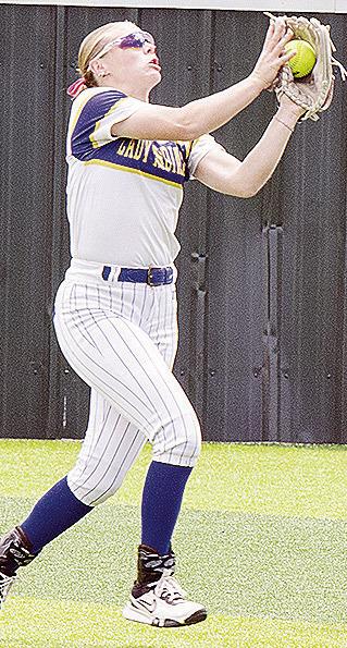 Arapaho-Butler’s Dalaynie Lee catches the ball for the out during the Lady Indians’ first-round win against Minco at FireLake Ball Park in Shawnee. CDN | Sam Goodwyn