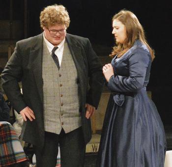Boone Hardaway (Max Halliday) and Amelia Hardaway (Margot Wendice) act out the opening scene of “Dial M for Murder” at Southwest Playhouse. CDN | Christian Jacobsen