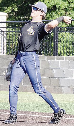 Rylan Moore throws the ball to one of his teammates after getting the out at first during A-B’s game against Wright City Thursday at Shawnee High School. CDN | Sam Goodwyn