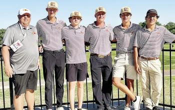 The Clinton boys’ golf team smiles after competing at the Class 4A Regional Tournament Monday in Elk City. Pictured, from left, are Coach Brent Caldwell, Landyn Kunsman, Sy Foster, Caber Johnson, Scout Acosta and Sutton Hernandez. CDN | Courtesy photo