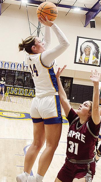 Arapaho-Butler’s Peyton Lambeth, left, shoots over the Sayre defender during the Lady Indians’ win over the Lady Eagles Thursday in the first round of the Western Equipment Classic. CDN | Sam Goodwyn