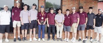 The Clinton boys’ golf team smiles after finishing the high school tournament Wednesday at Riverside Golf Course. Pictured, from left, are Coach Brent Caldwell, Conner Meget, Caber Johnson, Landyn Kunsman, Scout Acosta, Sy Foster, Sutton Hernandez, Rayd
