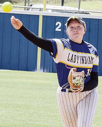Arapaho-Butler’s Lauryn McHenry hurls the ball to first for the out during the Class 3A Spring Regional Tournament. CDN | Sam Goodwyn