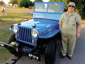 Elizebeth Wilson dresses as Dolly Sauter for the Clinton Cemetery Tour in 2015. The jeep was a former Army jeep that was owned by Don Diemund. She will be presenting Sauter again this year. CDN | Courtesy photo