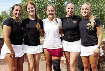 Clinton’s girls’ golf team smiles after finishing as runner-up at the Class 4A Regional Tournament recently at the Jimmie Austin Golf Course in Seminole. Pictured, from left, are Tatum Fanshier, Bella Bridgeman, Emma Ray, Paige Pugh and Jocelyn King. 